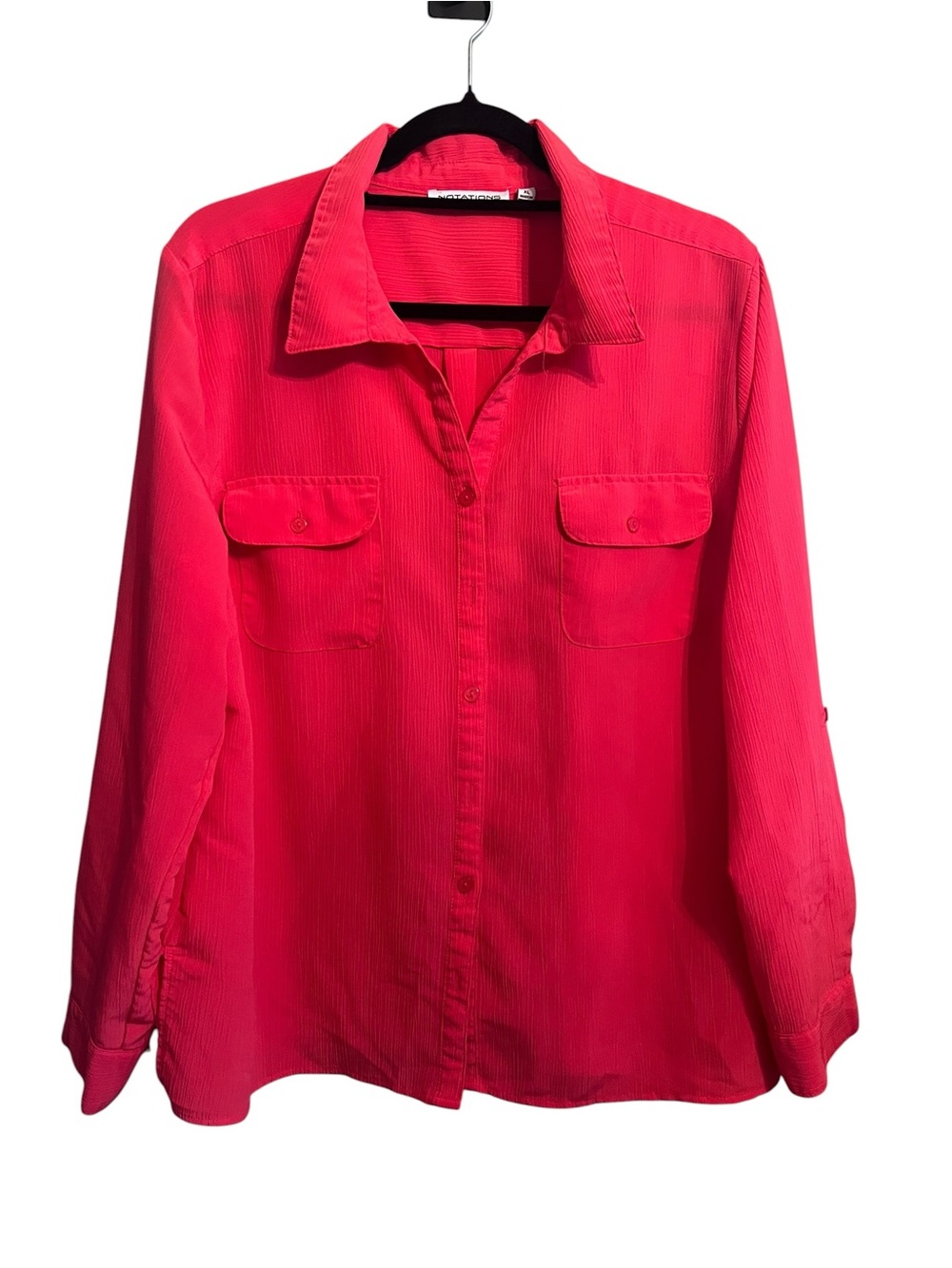 Notations XL Vibrant Pink Crinkle Button Front Blouse Roll Tab Career Top Career